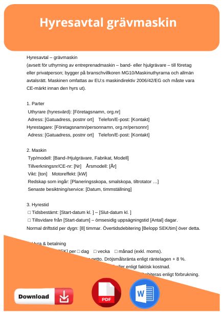 mall hyresavtal grävmaskin